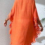 Batwing Sleeves Loose Hollow Solid Color Sun Protection Tasseled Round-Neck Cover-Ups Tops Midi Dresses