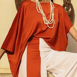 Batwing Sleeves Half Sleeves Solid Color Top + Contrast Color Wide Leg Pants Two Pieces Set