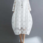 Half Sleeves Loose Hollow Solid Color Round-Neck Midi Dresses