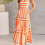 Loose Sleeveless Pleated Split-Joint Striped Spaghetti-Neck Maxi Dresses