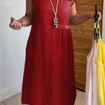 Linen Blend Solid Color Round Neck Sleeveless Loose Pocket Midi Dress