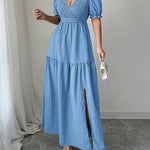 Half Sleeves High Waisted Pleated Solid Color Split-Front V-Neck Maxi Dresses