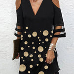Half Sleeves Loose Hollow Mesh Polka-Dot Split-Joint Cold Shoulder Mini Dresses
