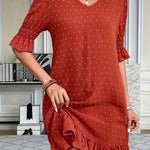 A-Line Flared Sleeves Elasticity Jacquard Pleated Solid Color Split-Joint V-Neck Mini Dresses