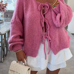 Stylish Solid Color Crew Neck Lace-up Sweater