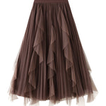 High-waisted ruffled patchwork mesh skirt