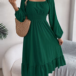 A-Line Elasticated Waist Pleated Ruffled Solid Color Square-Neck Midi Dresses