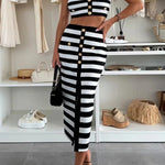 Sexy Elegant Striped Metal Button Off Shoulder Top and High Rise Slit Stretch Skirt Set