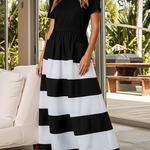 A-Line High Waisted Contrast Color Pleated Pockets Round-Neck Maxi Dresses