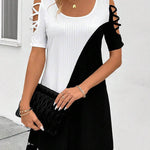 A-Line Loose Contrast Color Hollow Mesh Split-Joint Cold Shoulder Mini Dresses
