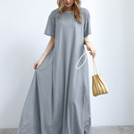 Simple Loose Short Sleeves Solid Color Round-Neck Maxi Dresses