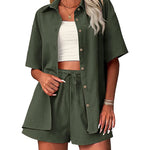 Zeagoo Womens 2 Piece Outfits Cotton Linen Shirt and Drawstring Short Set Vacation Set Casual Tracksuits (US Only)