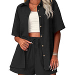 Zeagoo Womens 2 Piece Outfits Cotton Linen Shirt and Drawstring Short Set Vacation Set Casual Tracksuits (US Only)