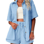 Zeagoo Womens 2 Piece Outfits Cotton Linen Shirt and Drawstring Short Set Vacation Set Casual Tracksuits (US Only)