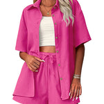 Zeagoo Womens 2 Piece Outfits Cotton Linen Shirt and Drawstring Short Set Vacation Set Casual Tracksuits (US Only)