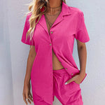 Zeagoo Womens 2 Piece Outfits Cotton Linen Shirt and Drawstring Short Set Vacation Set Casual Tracksuits (US Only)