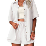 Zeagoo Womens 2 Piece Outfits Cotton Linen Shirt and Drawstring Short Set Vacation Set Casual Tracksuits (US Only)
