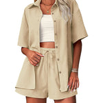 Zeagoo Womens 2 Piece Outfits Cotton Linen Shirt and Drawstring Short Set Vacation Set Casual Tracksuits (US Only)