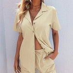Zeagoo Womens 2 Piece Outfits Cotton Linen Shirt and Drawstring Short Set Vacation Set Casual Tracksuits (US Only)