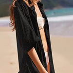 Zeagoo Womens Swiss Dot Chiffon Cardigan Cover Up Casual Short Sleeve Side Split Button Down Long Kimonos Swimsuit Cover Ups  (US Only)
