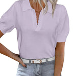 Zeagoo Womens Puff Short Sleeve Sweaters Tops Spring Collar V Neck Pullover Polo Shirt Soft Knit Blouses (US Only)