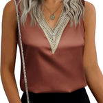 Zeagoo Womens 2023 Trends Silk Satin Tank Tops V Neck Lace Summer Tops Sleeveless Loose Fit Shirts Blouse (Us Only)