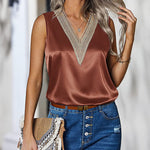Zeagoo Womens 2023 Trends Silk Satin Tank Tops V Neck Lace Summer Tops Sleeveless Loose Fit Shirts Blouse (Us Only)