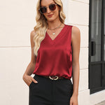 Silk Satin V-Neck Sleeveless Business Work Blouses (US Only)