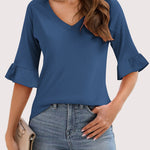 Zeagoo Womens Ruffle 3/4 Sleeve Top V Neck Shirts