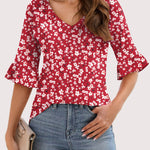 Zeagoo Womens Ruffle 3/4 Sleeve Top V Neck Shirts