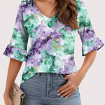 Zeagoo Womens Ruffle 3/4 Sleeve Top V Neck Shirts