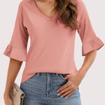 Zeagoo Womens Ruffle 3/4 Sleeve Top V Neck Shirts