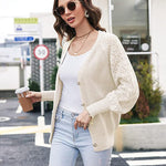 Lantern Sleeve Button Down Cable Knit Sweate - Zeagoo (Us Only)