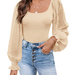 Zeagoo Women's Top Mesh Long Sleeve Shirts Casual Square Neck Polka Dot Puff Sleeve Tunic Blouse (Us Only)