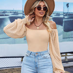 Zeagoo Women's Top Mesh Long Sleeve Shirts Casual Square Neck Polka Dot Puff Sleeve Tunic Blouse (Us Only)