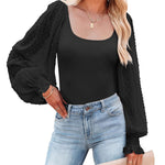 Zeagoo Women's Top Mesh Long Sleeve Shirts Casual Square Neck Polka Dot Puff Sleeve Tunic Blouse (Us Only)