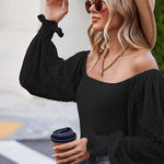Zeagoo Women's Top Mesh Long Sleeve Shirts Casual Square Neck Polka Dot Puff Sleeve Tunic Blouse (Us Only)
