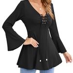 Zeagoo Women's Sexy V-Neck Pleated Front Long Bell Sleeve Blouse Tops