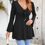 Zeagoo Women's Sexy V-Neck Pleated Front Long Bell Sleeve Blouse Tops