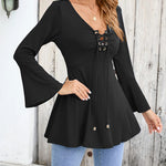 Zeagoo Women's Sexy V-Neck Pleated Front Long Bell Sleeve Blouse Tops