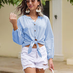 Tie Knot Front Tops Cotton Blouse Shirts - Zeagoo (Us Only)