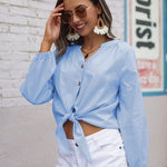 Tie Knot Front Tops Cotton Blouse Shirts - Zeagoo (Us Only)