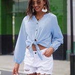 Tie Knot Front Tops Cotton Blouse Shirts - Zeagoo (Us Only)