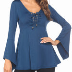 Zeagoo Women's Sexy V-Neck Pleated Front Long Bell Sleeve Blouse Tops