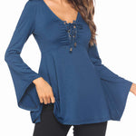 Zeagoo Women's Sexy V-Neck Pleated Front Long Bell Sleeve Blouse Tops