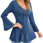 Zeagoo Women's Sexy V-Neck Pleated Front Long Bell Sleeve Blouse Tops