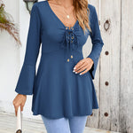 Zeagoo Women's Sexy V-Neck Pleated Front Long Bell Sleeve Blouse Tops