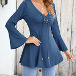 Zeagoo Women's Sexy V-Neck Pleated Front Long Bell Sleeve Blouse Tops
