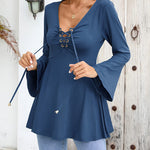 Zeagoo Women's Sexy V-Neck Pleated Front Long Bell Sleeve Blouse Tops