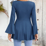 Zeagoo Women's Sexy V-Neck Pleated Front Long Bell Sleeve Blouse Tops
